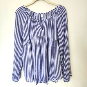 Old navy blue and white semi sheer blouse size L